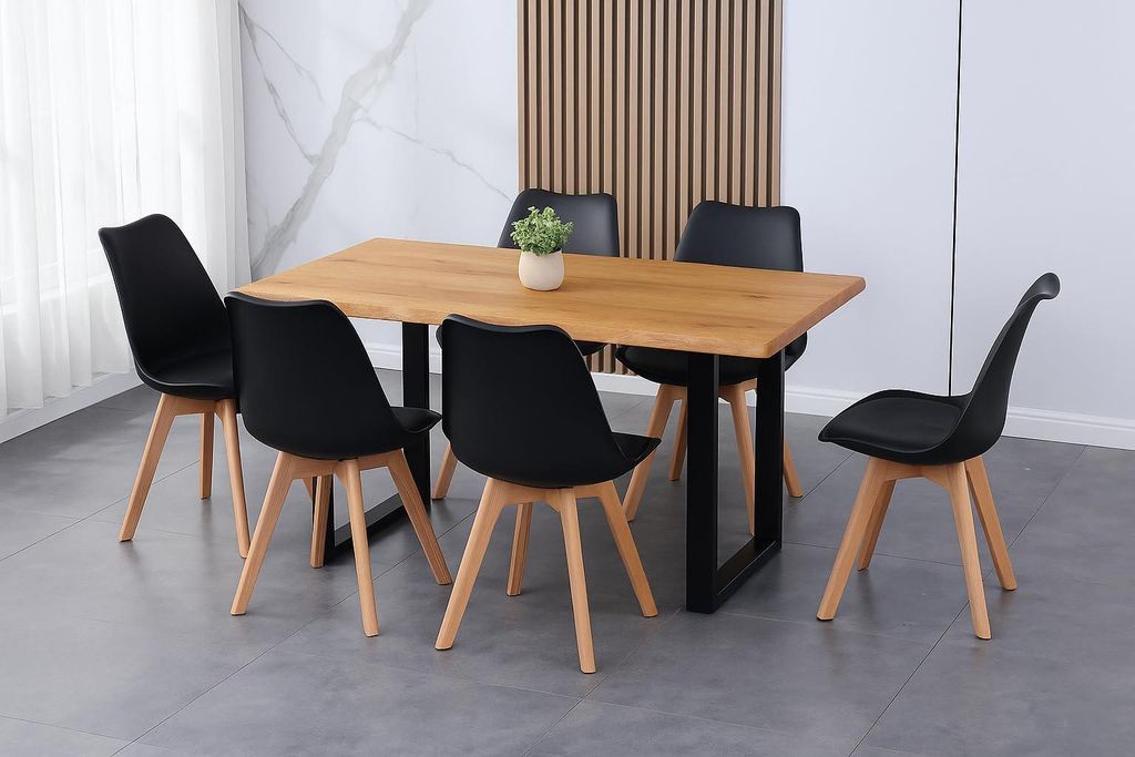 7 TLG. Essgruppe Josy | Esstisch mit 6 Stühlen | 180x90 cm mit Baumkante | Holz Wildeiche-Optik | 40 mm Platte | U-Gestell Schwarz | 6X Schalenstu...