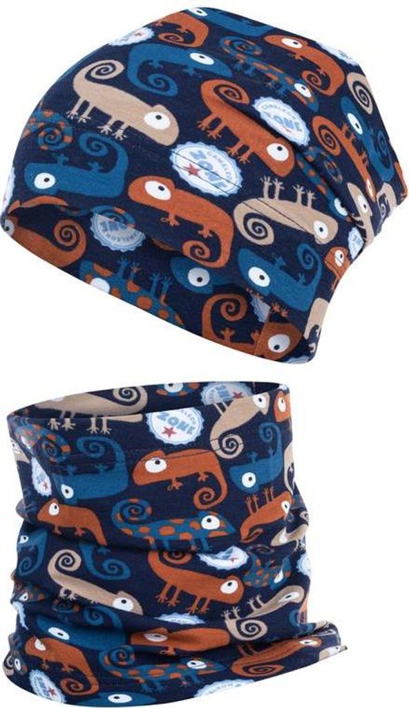 Übergangsmütze + Schlauchschal Beanie Stoffmütze Jungenmütze im Set Loop Baumwolle, Blau-Rostbraun, Gr. 46-48