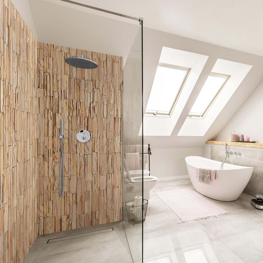 Duschrückwand mit Motiv selbstklebend - 0.35 mm Wandpaneel wasserfest Naturstein beige Steinoptik Industrial Badrückwand fugenlos Smart matt 110x...