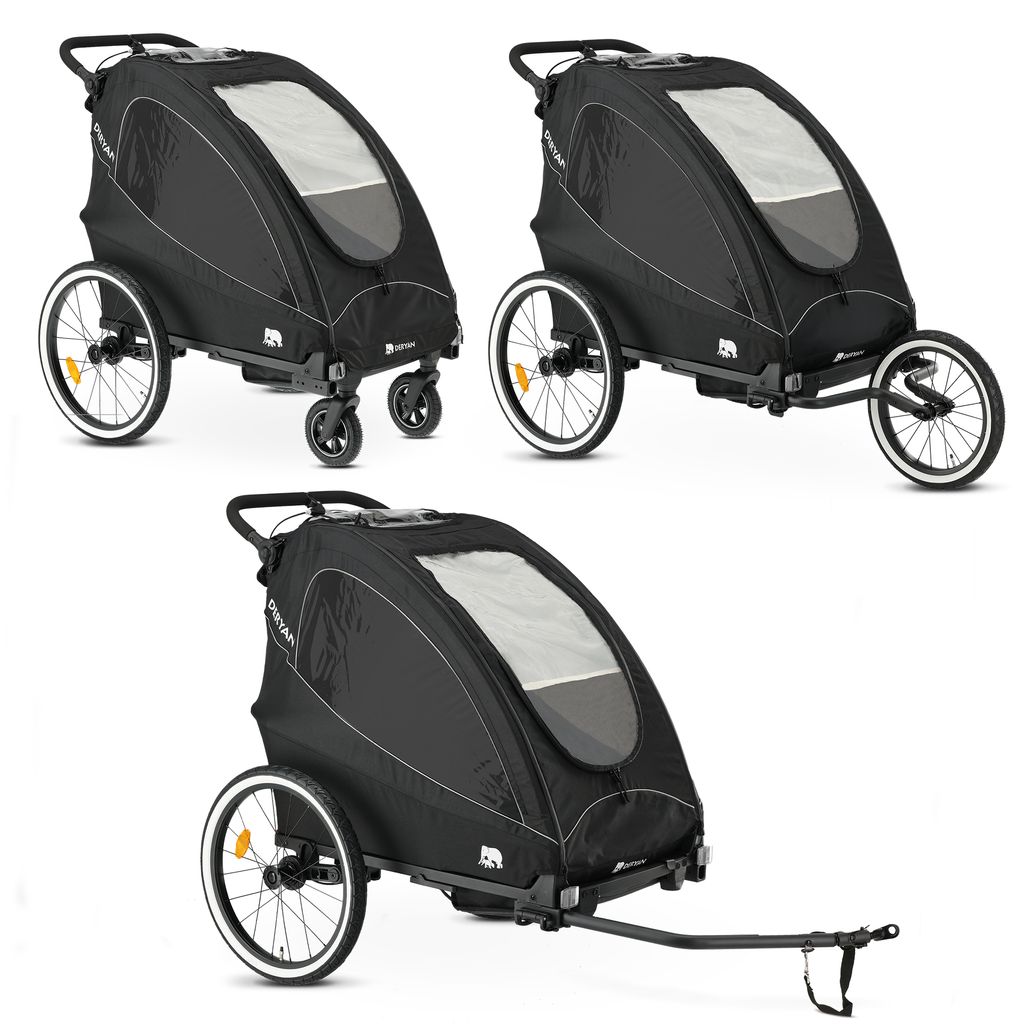 Three black DERYAN Luxe bicycle trailers are shown against a white background.