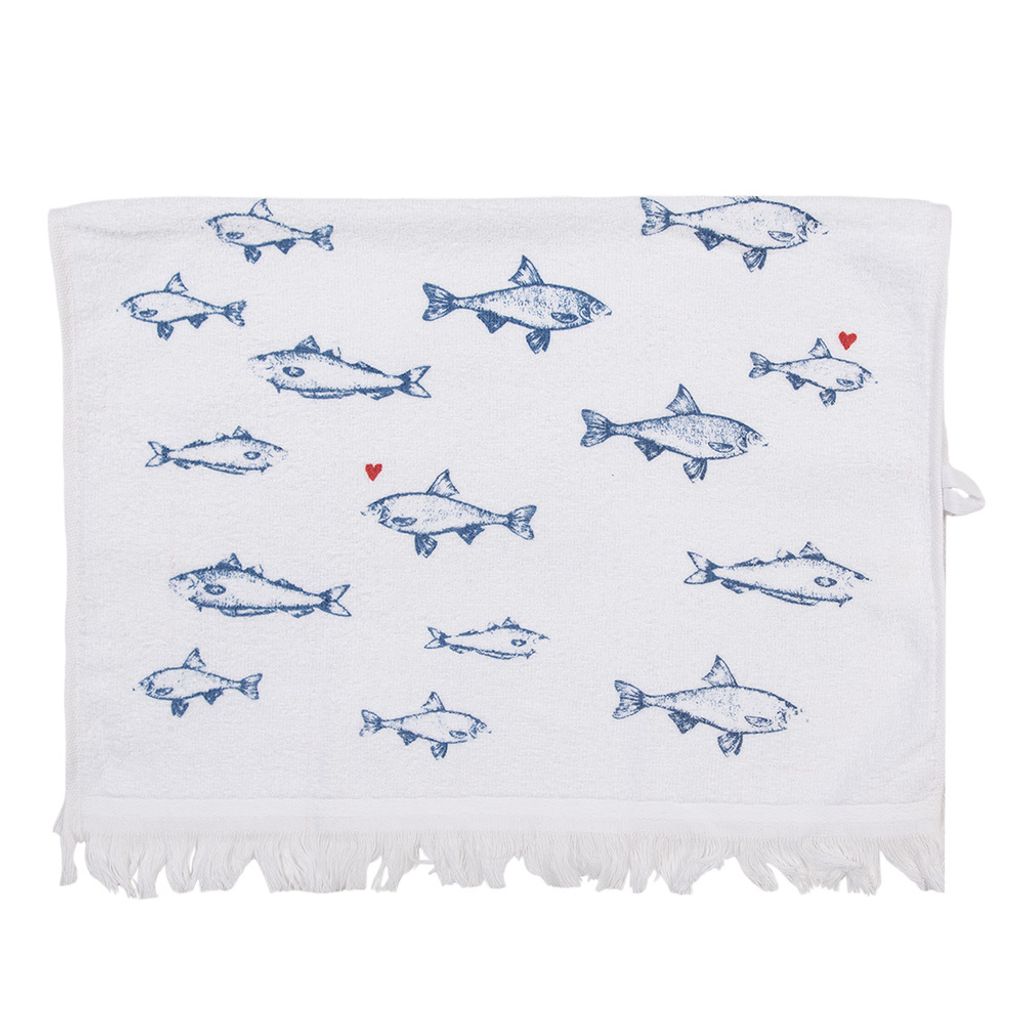 Clayre & Eef Gästehandtuch 40x66 cm Weiß Blau Baumwolle Fische