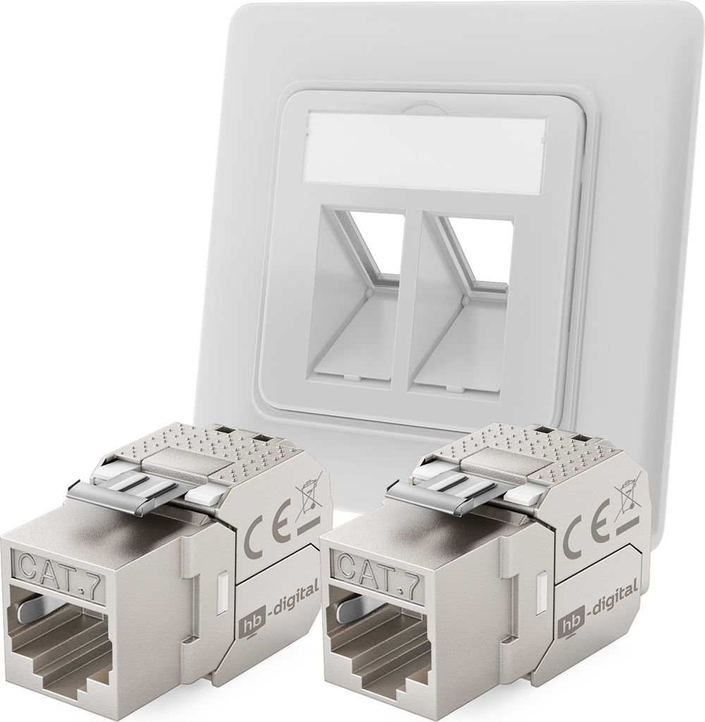 hb-digital Netzwerk Dose mit 2 x Keystone Modul CAT 7 Patch Dose RJ45 Unterputz RAL9003