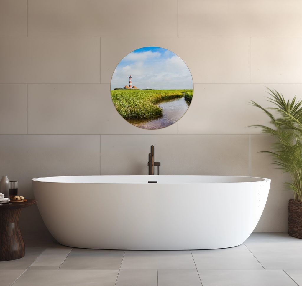 Wallario wasserfestes Poster selbstklebend 60 x 60 cm, Kleiner Bach durch Schilf auf dem Weg zum Leuchtturm, Badezimmerposter Spritzschutz mit Hoch...