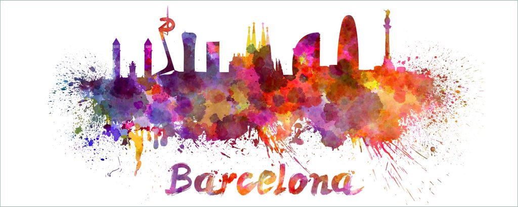 Wallario selbstklebendes Poster - Städte als Aquarell - Skyline von Barcelona, Größe: 80 x 200 cm