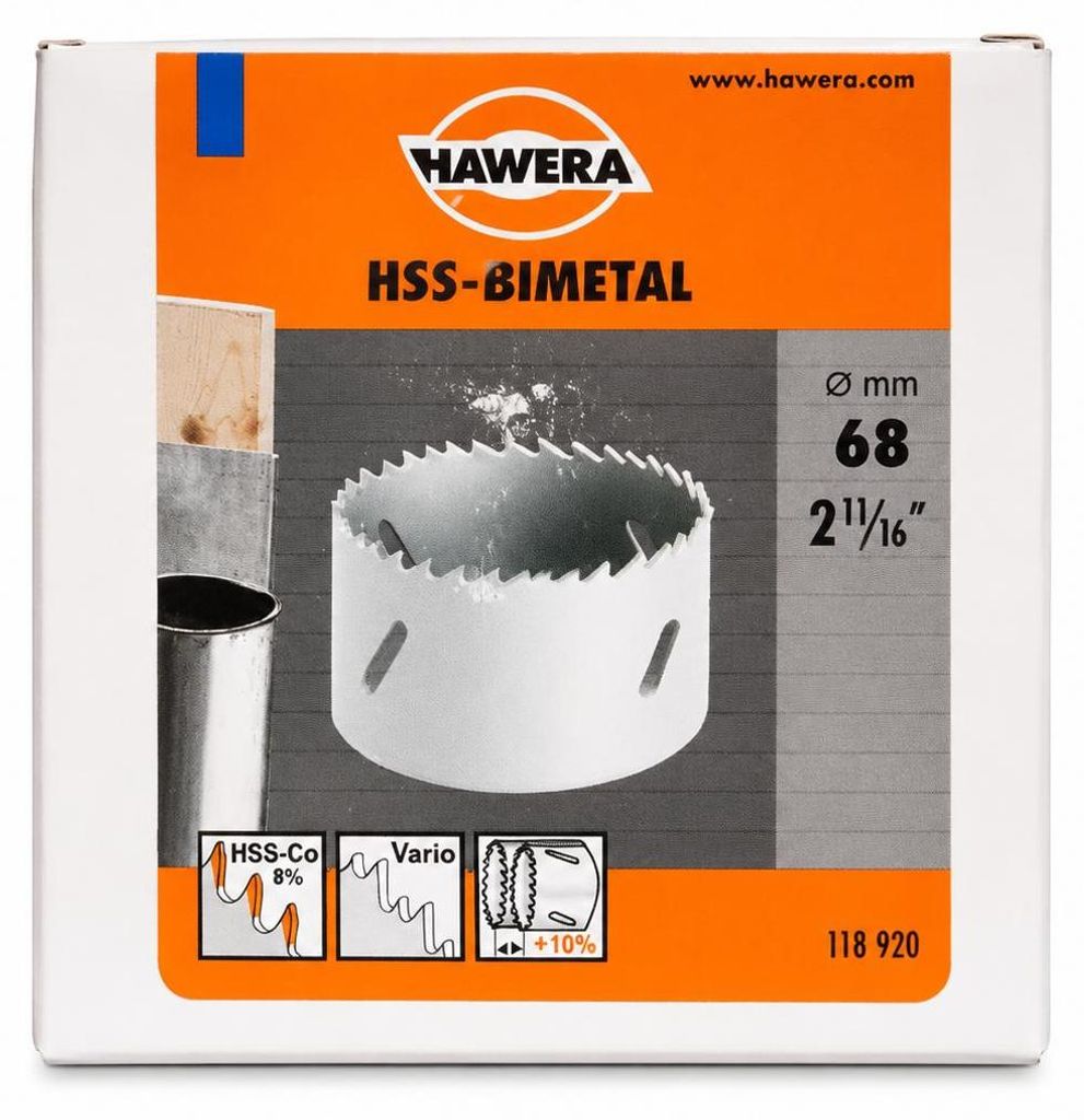 HAWERA HSS-Bimetall Lochsäge Ø68mm 118920 Dosensenker Kunststoff Alu Metall Holz