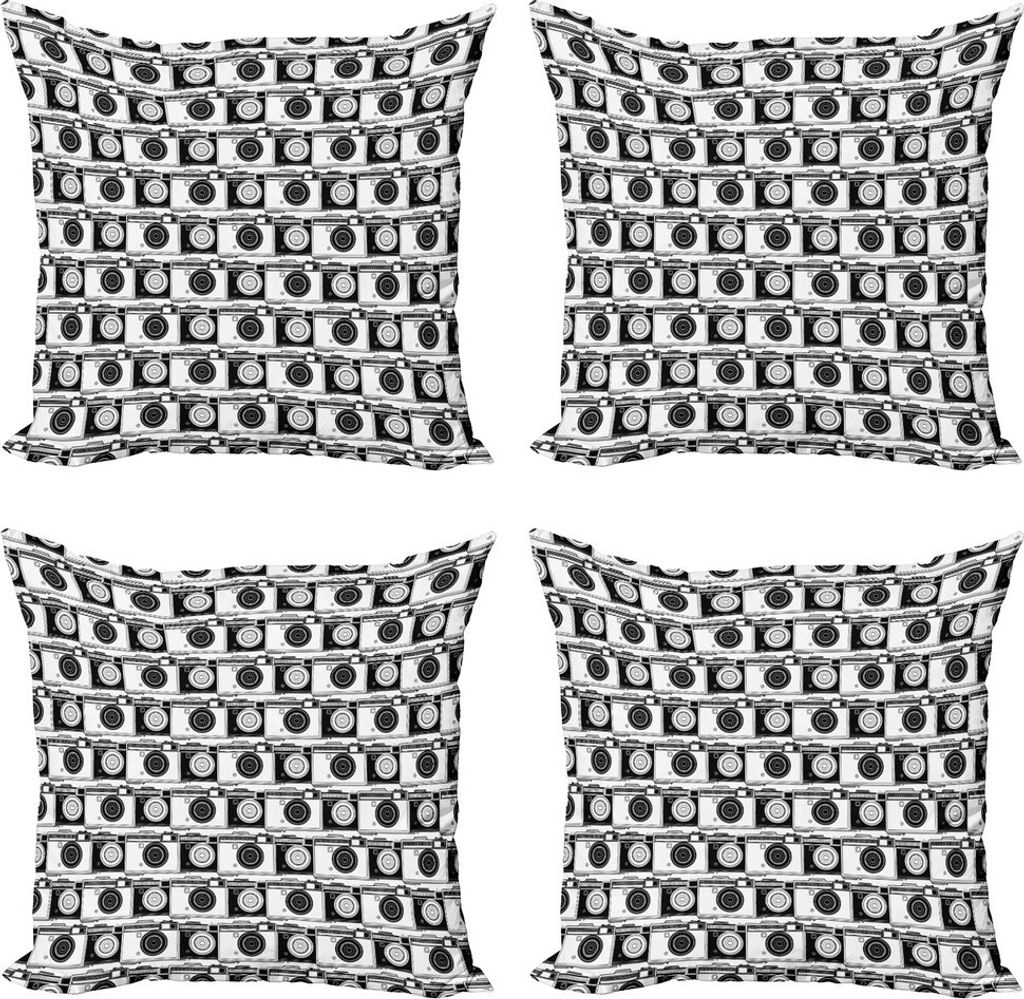 ABAKUHAUS Kamera Kissenbezug Set (4 Stück), Aufnahme-Maschine-Muster, Moderner Doppelseitiger Digitaldruck, 40 cm x 40 cm, Schwarz und weiß