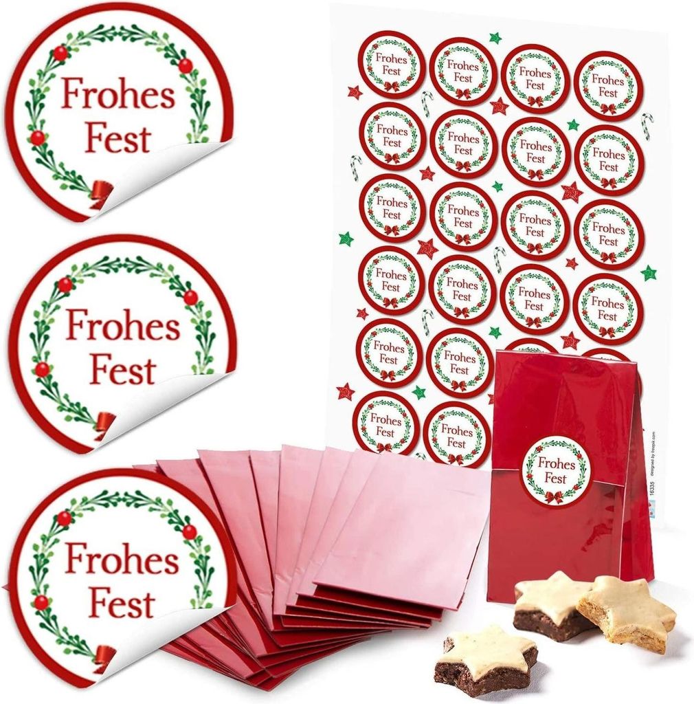 Rote Blockbodenbeutel mit Folieneinlage + Weihnachtsaufkleber – 7 x 4 x 20,5 cm"Frohes Fest" rot, grün, weiß / 24 Stück