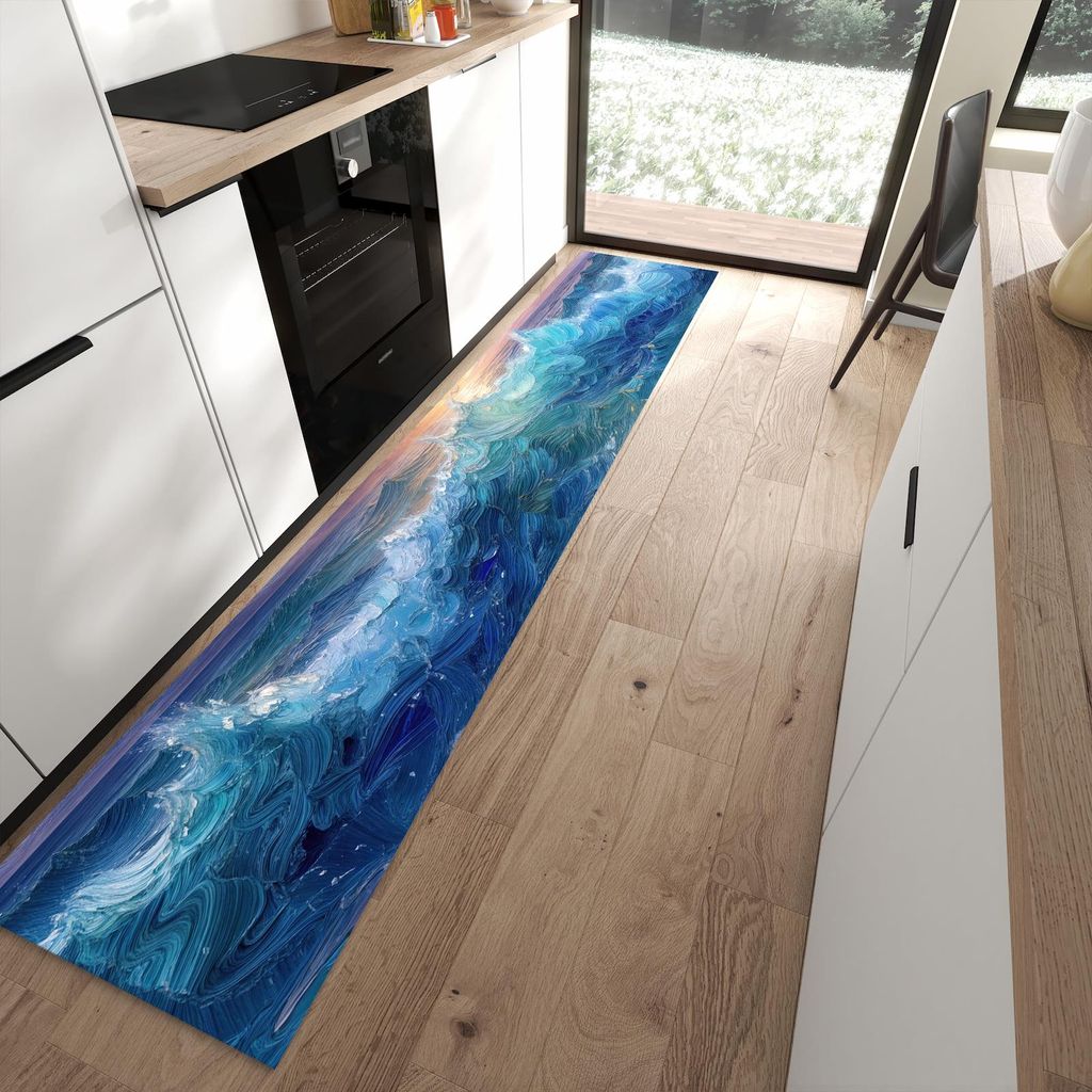 Küchenteppich 60x300cm rutschfest & abwischbar PVC Läufer - Wellen und Himmel