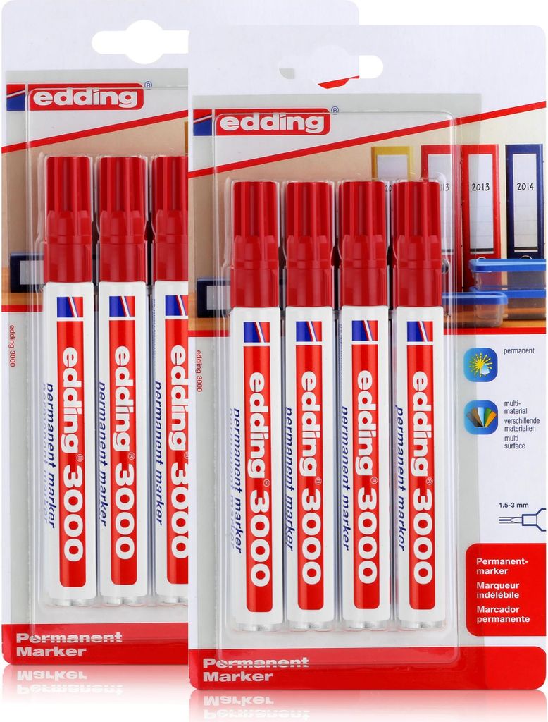 edding 3000 Permanent Marker 4er rot Spitze 1,5-3mm wasserfest (2er Pack)