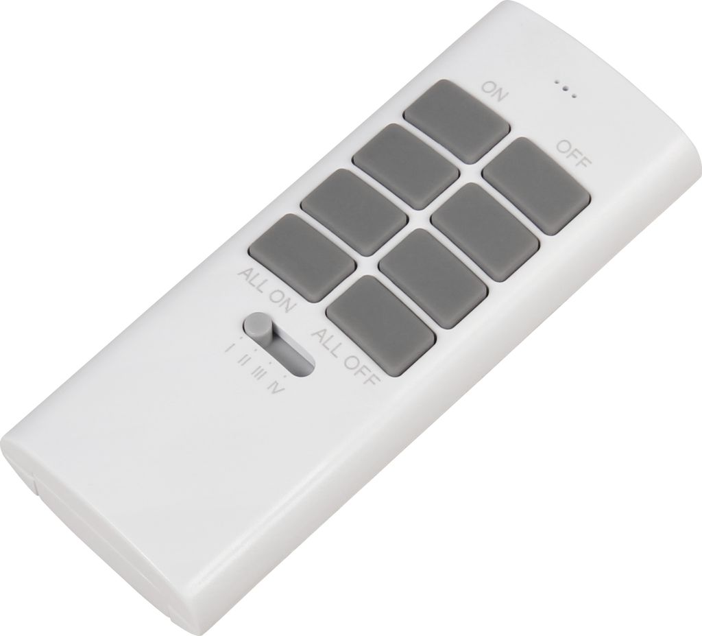 A white remote control with gray buttons on a white background.