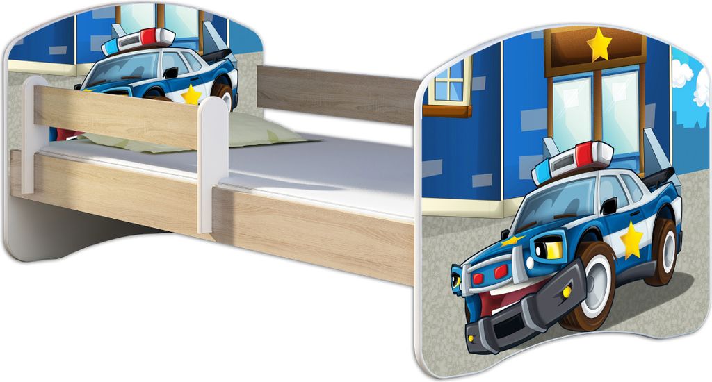 ACMA Jugendbett Kinderbett Junior-Bett Komplett-Set mit Matratze Lattenrost und Rausfallschutz Sonoma 38 Polizei 160x80