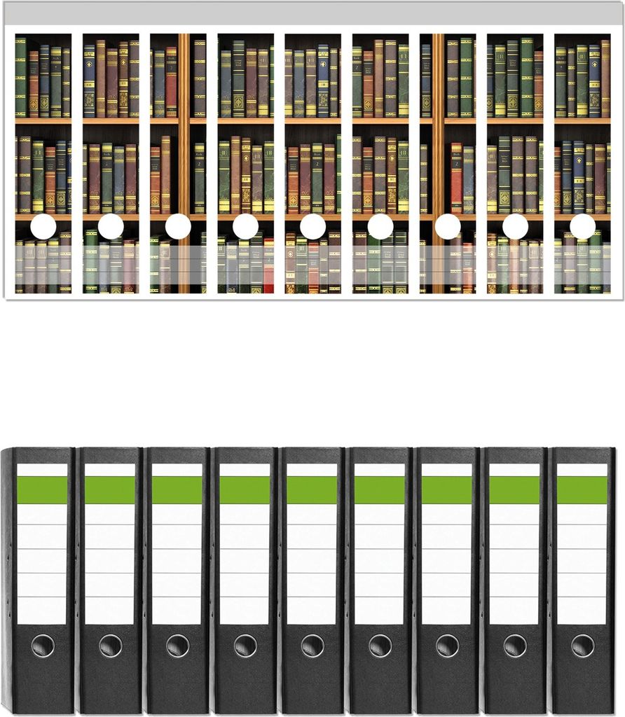 Wallario 9 Stück breite Ordner inkl. Klebeetiketten mit Motive Bibliothek - Regal voller alter Bücher - Set mit Rückenschildern / Ordnerrücken...