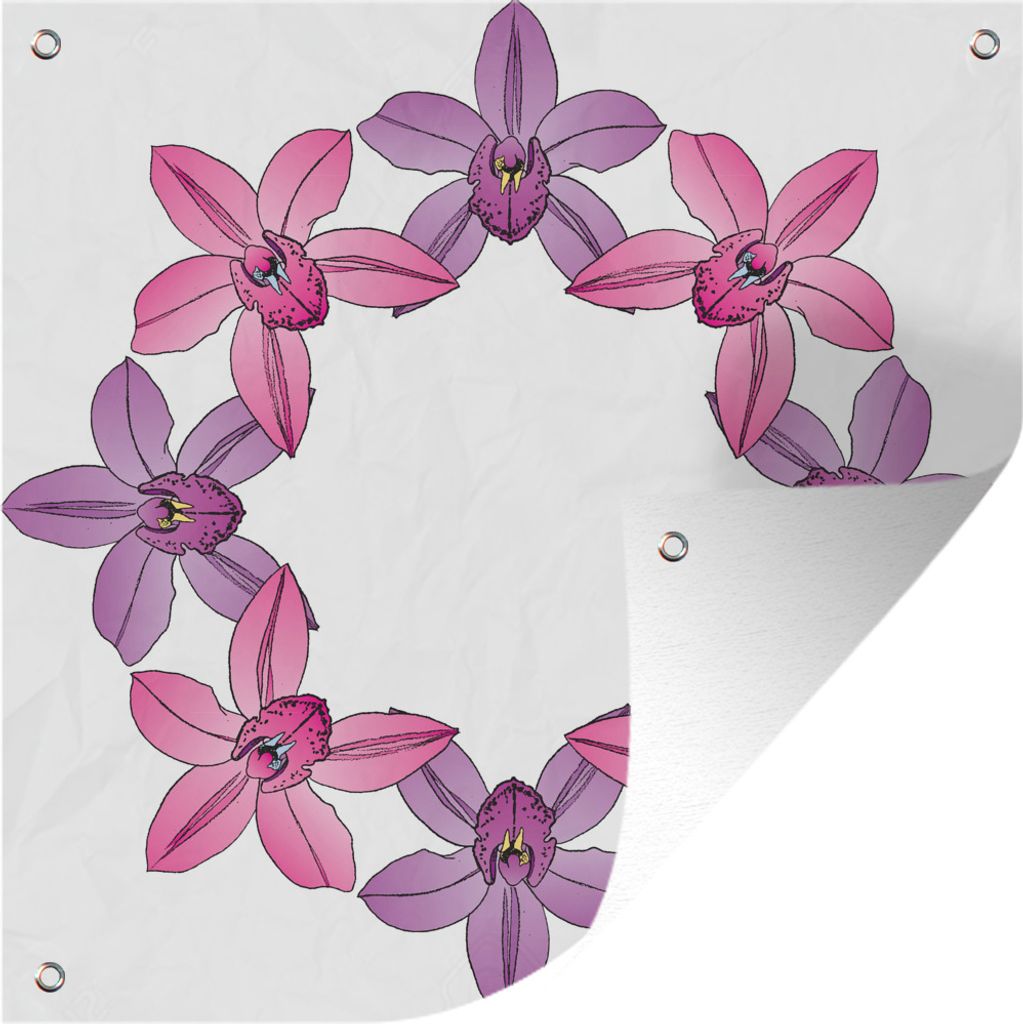 MuchoWow 100x100 cm Outdoor-Poster Gartendeko Sichtschutz Garten Poster für den Garten Eine Vektor-Illustration von einem Kranz von lila und ros...