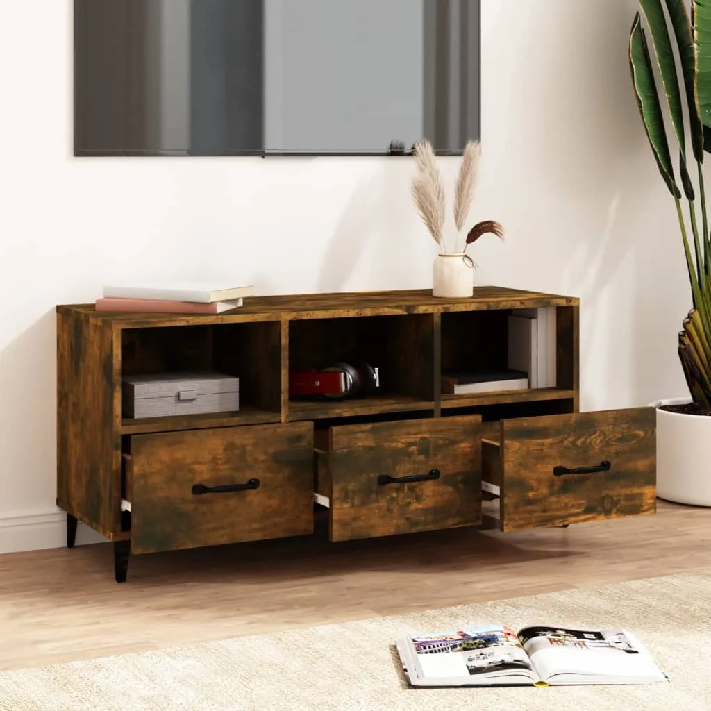 Armoire TV aspect chêne fumé 102 cm avec niches de rangement
