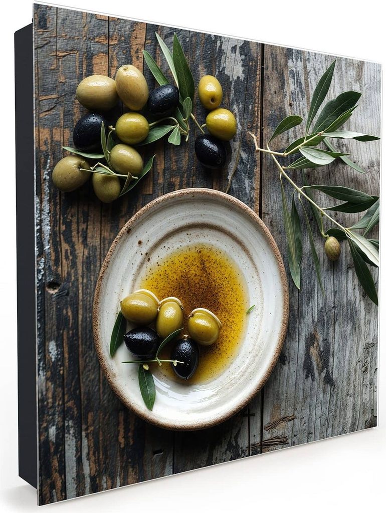 Nachbildung-Schlüsselkasten, Magnetpinnwand und Memoboard mit Glasfront Motiv Oliven auf Teller