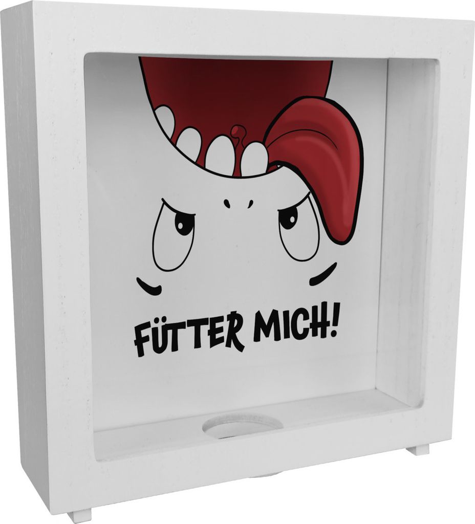 Rahmen Spardose aus Holz mit Comicfigur und lustigem Spruch in weiß - Fütter