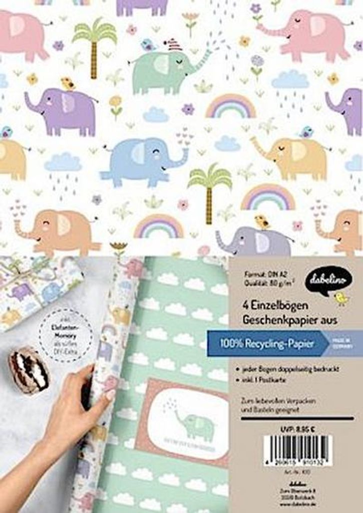 Geschenkpapier-Set Elefanten 4 Bögen DIN A2 (42x59cm) beidseitig bedruckt 100% Recycling-Papier