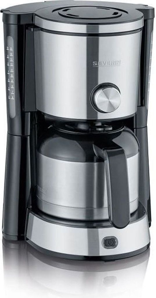 A close-up shot of a coffee maker with a silver and black finish.