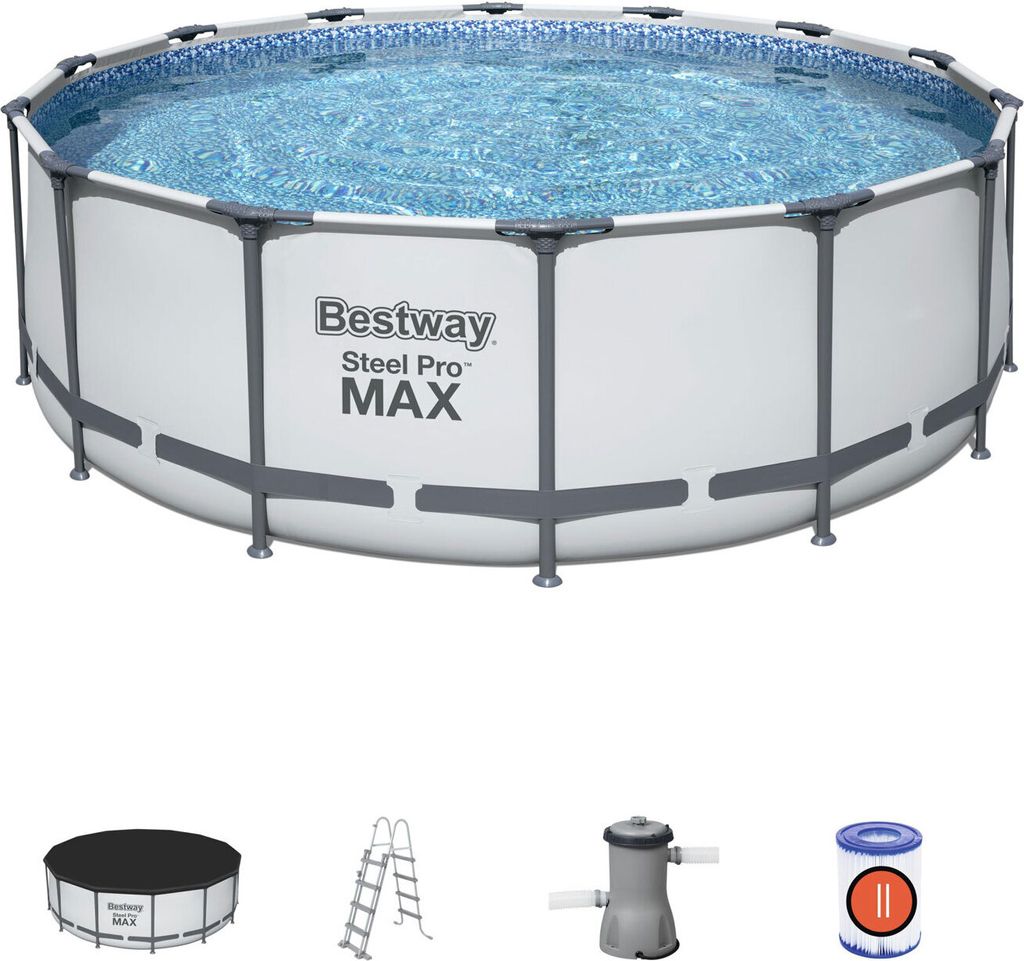 A Bestway Steel Pro Max above-ground swimming pool with accessories shown below.