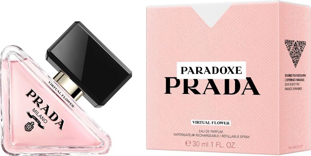 A product shot of a Prada perfume bottle and its packaging.