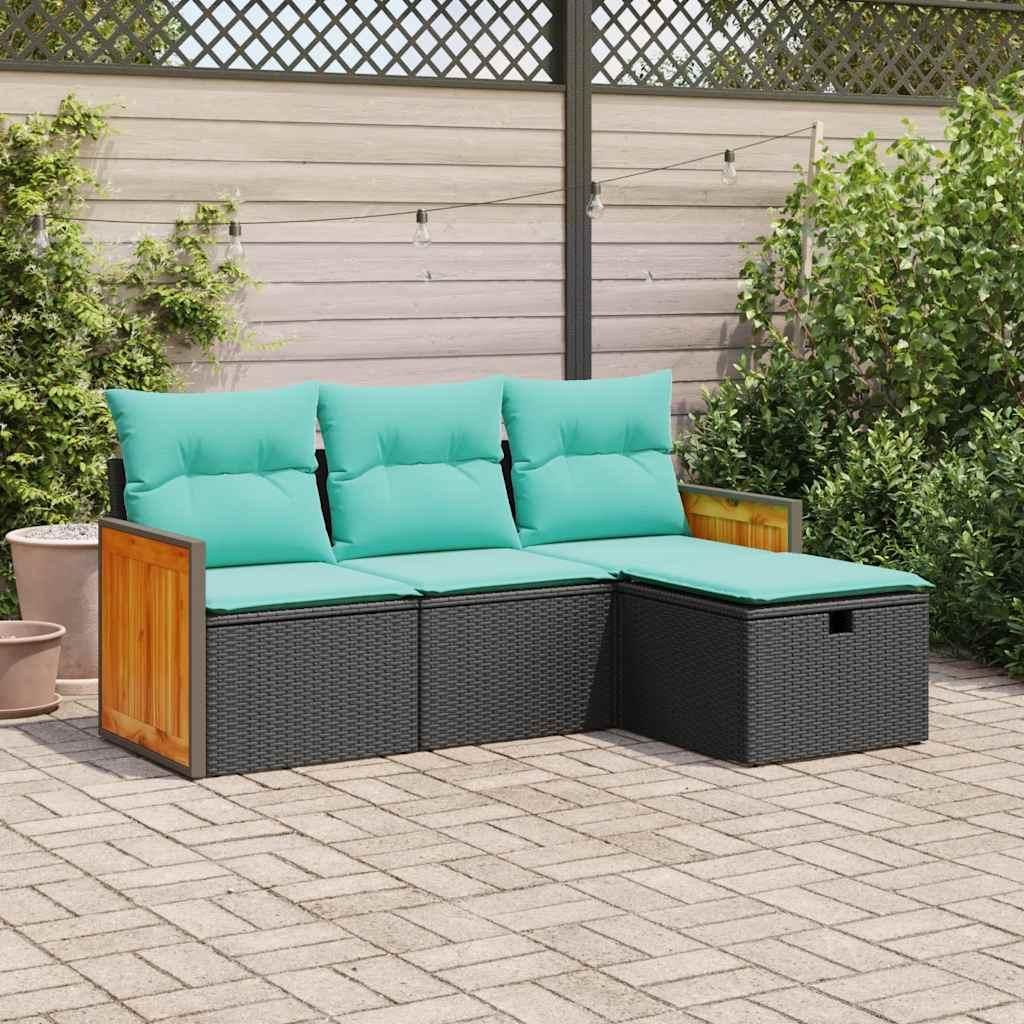 "2026 Moderne"4-tlg. Garten-Sofagarnitur elegante - Balkonmöbel Terassenmöbel - mit Kissen Schwarz Poly Rattan - Gartenmöbelgarnituren Schlussve...