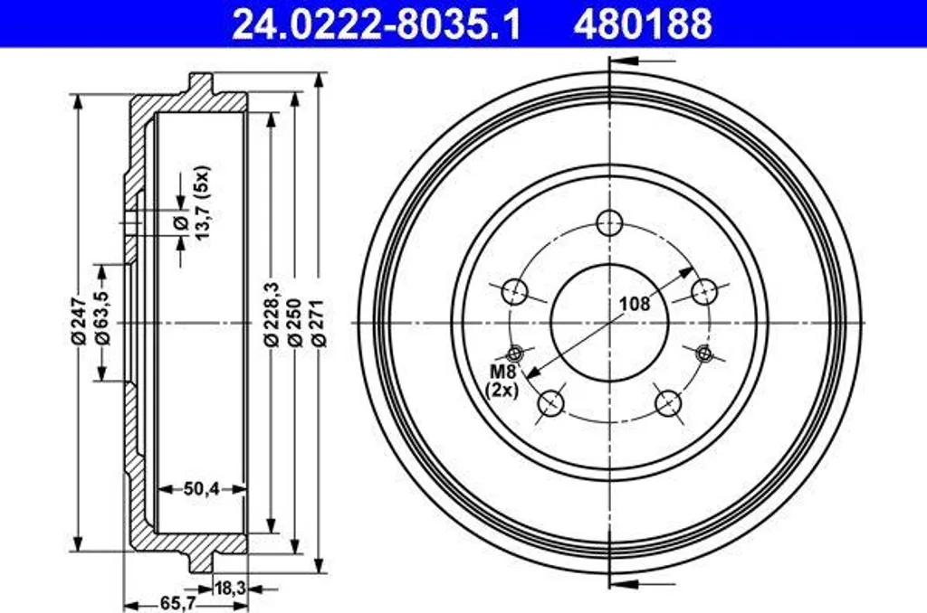 Tambour de frein ATE 24.0222-8035.1 (OE 1327834) pour Ford Focus