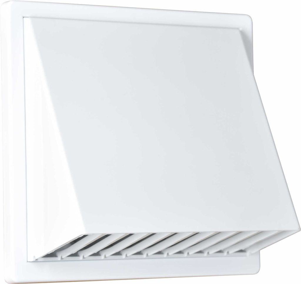 A white ventilation grille with a hood is mounted on a white wall.