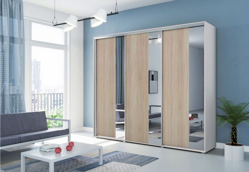 Dreitüriger Kleiderschrank mit Spiegel 278 cm MARCO – weiß / Eiche Sonoma
