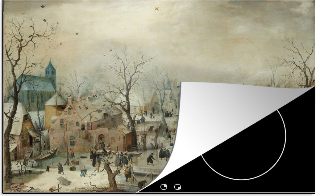 KitchenYeah Herdabdeckplatte Winterlandschaft mit Eisvergnügen - Gemälde von Hendrik Avercamp , 85x52cm, Küche Deko, Ceranfeld Herdabdeckung, ...