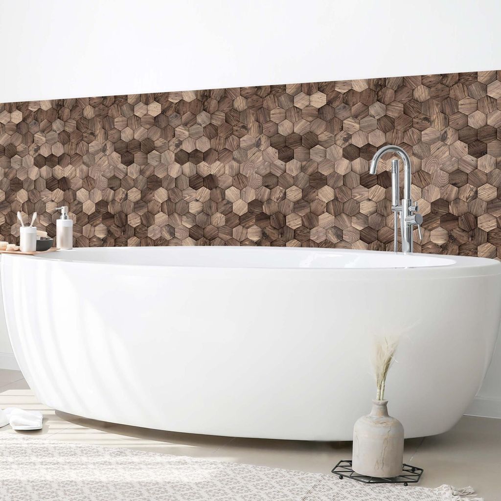 Wandverkleidung Bad mit Motiv selbstklebend - 0.61 mm Wandpaneel matt wasserfest Design braun Holzoptik Badrückwand fugenlos 350x90 cm