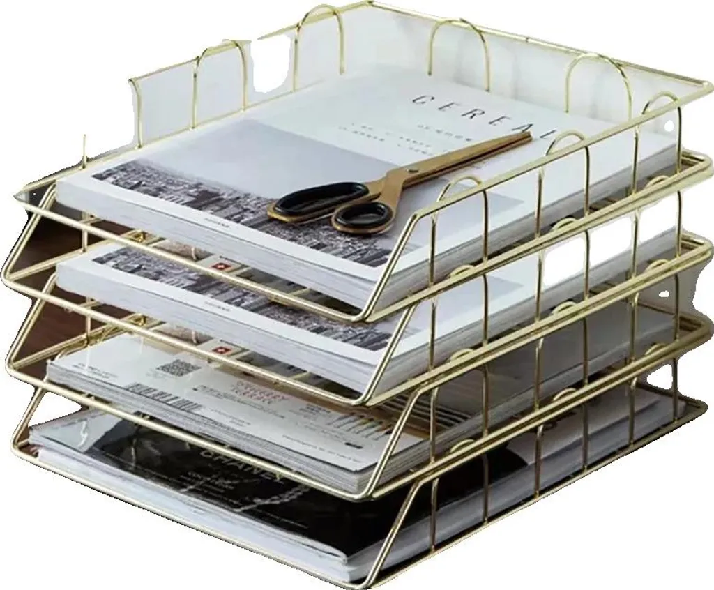 Rangement de documents en métal doré chic pour organisation de bureau