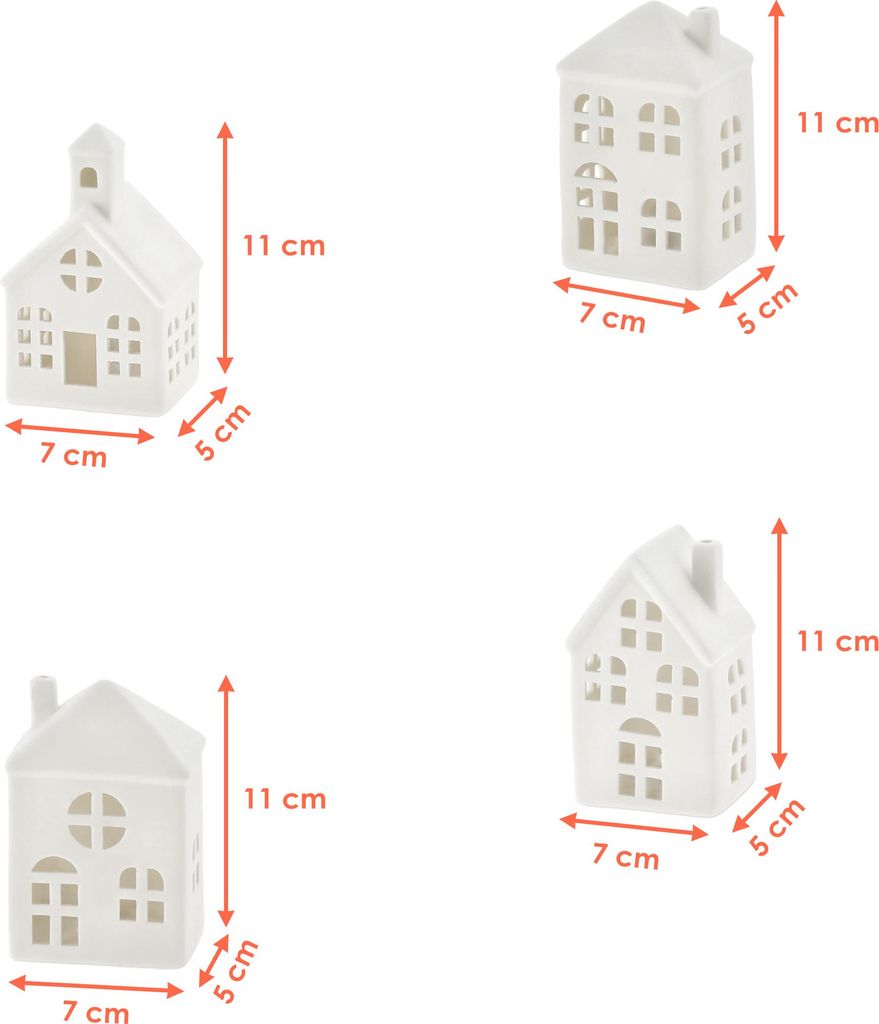 LED Keramik Haus weiß 11 cm - 4er Set