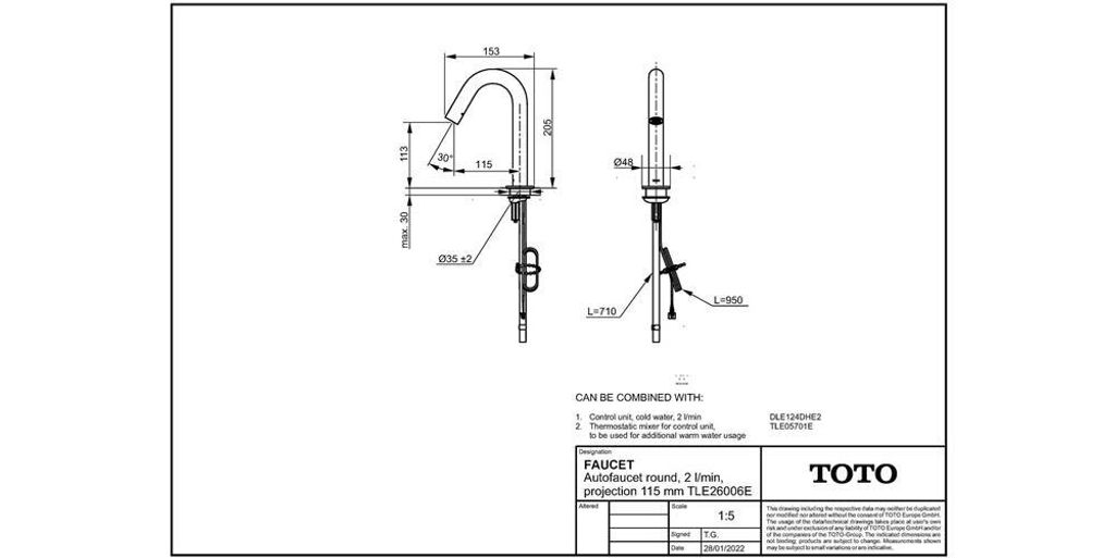 TOTO Automatikarmaturenauslauf, rund, niedrig, Kaltwasser, 2 l/min., Ausladung 115mm, Auto Function, Ecocap, TLE26006E