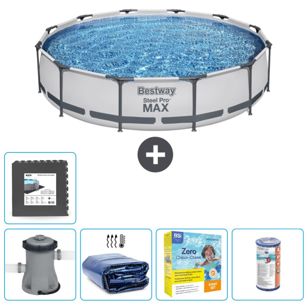 Bestway Round Steel Pro MAX Schwimmbad – 366 x 76 cm – Grau – inklusive Pumpe Sonnensegel - Wartungspaket - Filter - Bodenfliesen