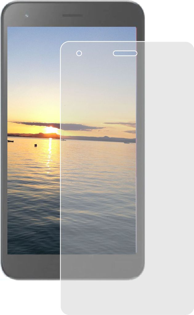 A smartphone screen protector is shown on top of a smartphone displaying a sunset.