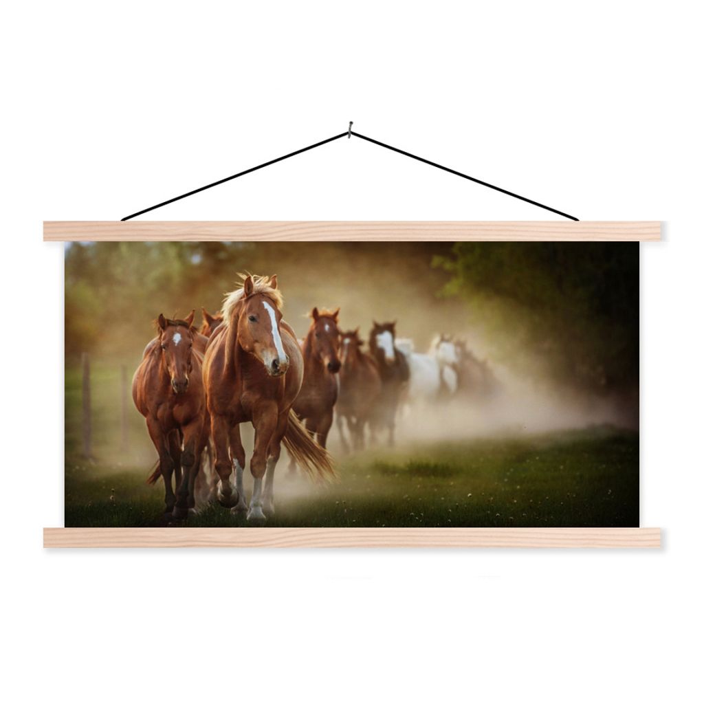 MuchoWow Textilposter Pferde - Licht - Natur 120x60 cm mit holzfarbenen Rahmen - Klemmleiste