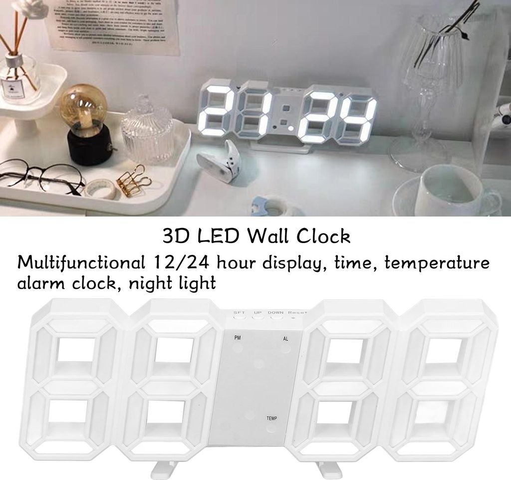 3D LED Wanduhr Minimalistisch Weißer Rahmen Digitaler Wandwecker Timer mit Temperatur für Zuhause Wohnzimmer Weißes Wort