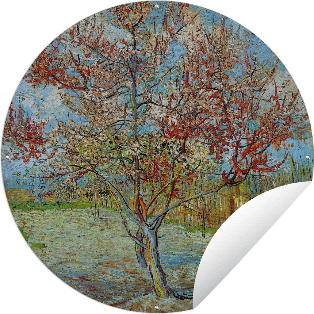 MuchoWow Gartenposter Outdoor-Poster Rund Der rosa Pfirsichbaum - Gemälde von Vincent van Gogh Ø 150 cm Gartendeko Rundes Poster draußen