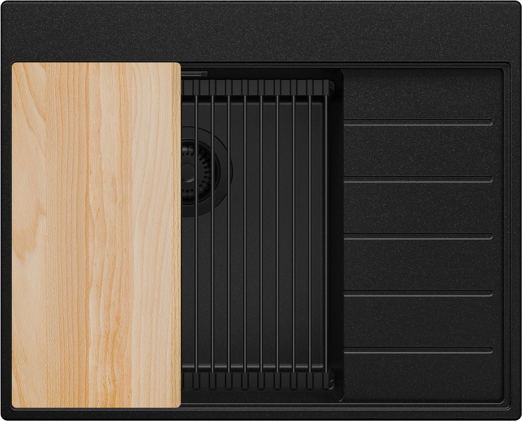 A top-down view of a black granite sink with a wooden cutting board.