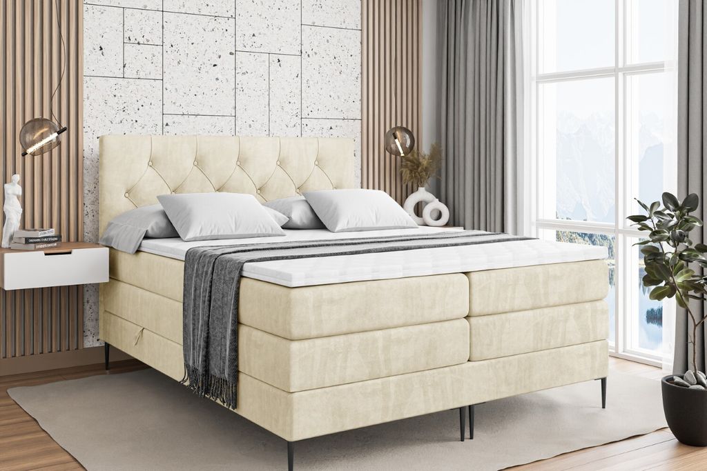 ALTDECOR Boxspringbett mit Schwarz Füßen, Matratze und Lattenrost, Topper, Polsterbett mit Bettkasten, Bett mit Stauraum H3- und H4- Matratze, Do...
