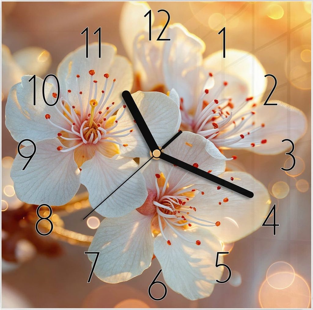 Wanduhr aus Glas mit Motiv Blumenstrahlen- 30 x 30 cm - inkl. Aufhängesystem