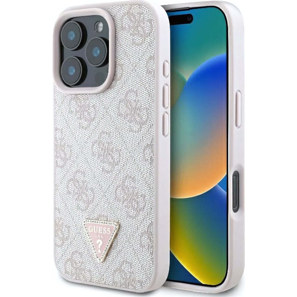 A close-up of an iPhone case with the Guess logo and pattern, placed next to an iPhone.