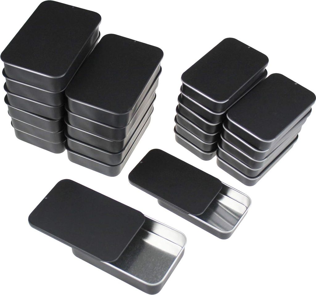 Allecto Premium - Set von 24 Metall-Dosen für Süßigkeiten, Schmuck, Bastelarbeiten, Pillenlagerung - Gemischte Größen - Schwarz - Inklusive Sc...