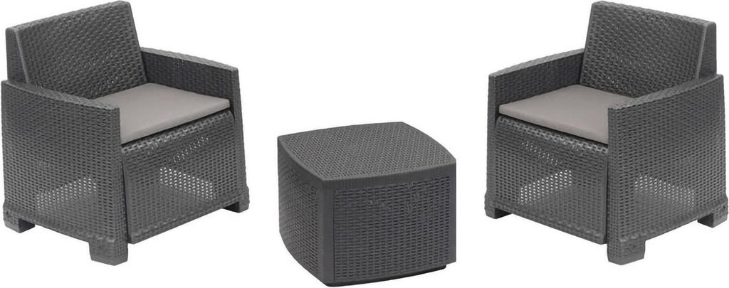 Outdoor-Lounge-Set Dbelpan, Gartenkomposition mit 2 Sesseln und 1 Aufbewahrungstisch, Rattan-Effekt mit Kissen, 100 % Italy, Anthrazit