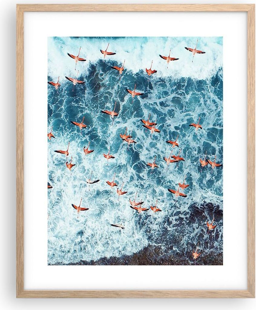 Gerahmtes Poster - Rahmen in heller Eiche - Flamingos Karibik Vögel - 40x50 cm - Wand Bild - Wanddeko - Wandbilder - Kunstposter - Wandposter - Bi...