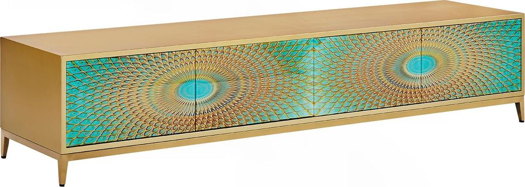 KAWOLA Lowboard LAGO TV-Board 4 Türen Glas grün Fuß Edelstahl goldfarben