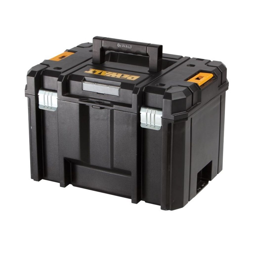 A black Dewalt Tstak Vi Deep Toolbox is shown against a white background.