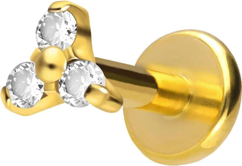 Ohrpiercing, Nasenpiercing Titan Labret mit Push Fit KRISTALLBLUME Gold Stablänge: 7mm | Stabstärke: 1,2mm | Discgröße: 3,5mm