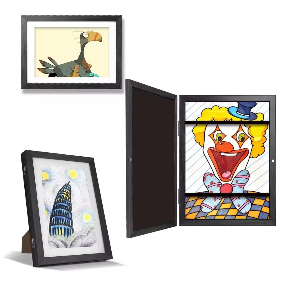 A collage of three framed pictures, two of which are open to reveal artwork inside.