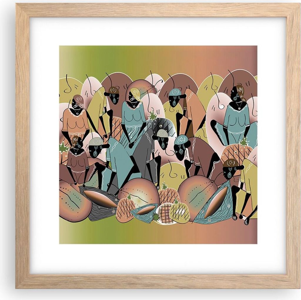 Gerahmtes Poster - Rahmen in heller Eiche - Afrikanisch Grafik Frauen - 30x30 cm - Wand Bild - Wanddeko - Wandbilder - Kunstposter - Wandposter - B...